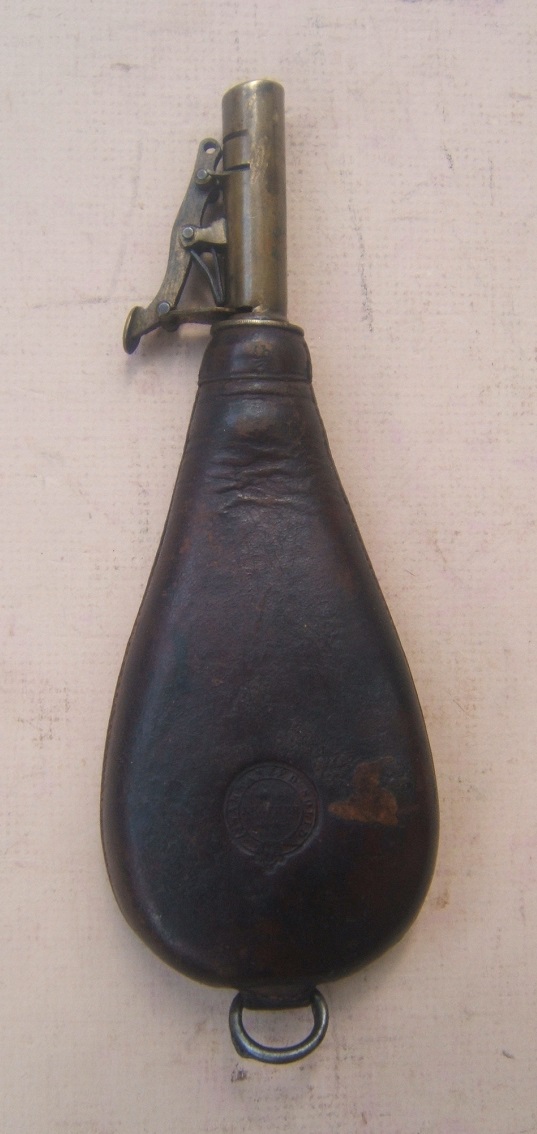 A FINE MID 19TH CENTURY LEATHER SHOT FLASK, ca. 1860 view 1