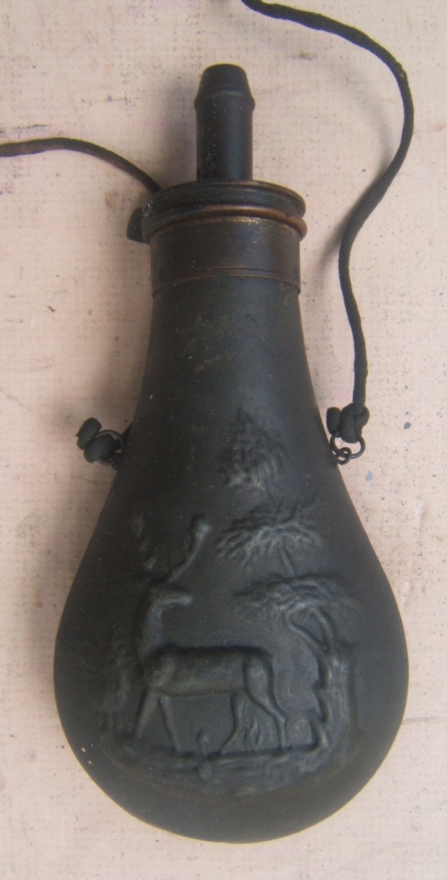 A VERY GOOD MID-19TH CENTURY AMERICAN EMBOSSED ZINC POWDER FLASK & CORD, ca. 1850 view 2