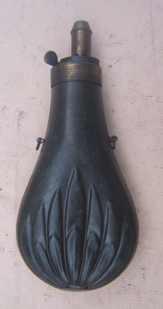  A FINE QUALITY MID-19TH CENURY ENGLISH COPPER POWDER FLASK, ca. 1850 view 2