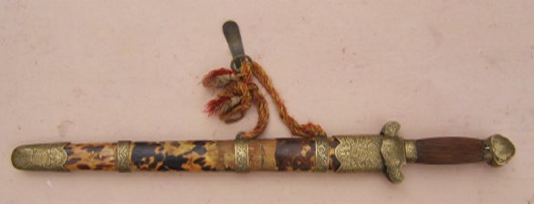 A RARE CHINESE DOUBLE SWORD WITH ORIGINAL TORTOISE SHELL & BRONZE MOUNTED SCABBARD, ca. 1850s view1