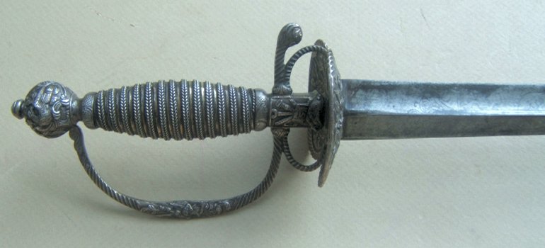 A FINE FRENCH & INDIAN WAR PERIOD ENGLISH SILVER HILT OFFICER'S SMALL SWORD, dtd. 1759 view 1