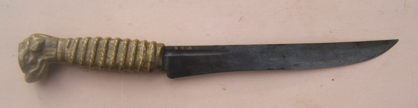 AFINE & UNUSUAL AMERICAN REVOLUTIONARY WAR PERIOD (ENGLISH or AMERICAN) FIGHTING KNIFE (MADE FROM AN ENGLISH DOG'S HEAD HANGER), ca. 1760 view 1