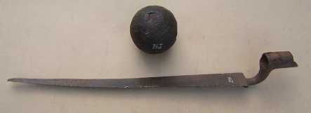 A FINE GROUPING OF AMERICAN REVOLUTIONARY WAR PERIOD (NJ COLLECTION-MARKED) BATTLEFIELD RELICS: AN AMERICAN SOLID-SHOT 4 lb. CANNON BALL & AN EARLY SHORTLAND PATTERN ENGLISH BROWN BESS BAYONET, ca. 1770s view 1