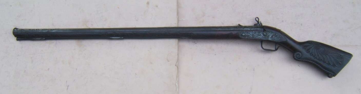 A RARE & UNUSUAL NEAPOLITAN MIQUELET MUSKETOON w/ CARVED STOCK & CHISELED BARREL, by 