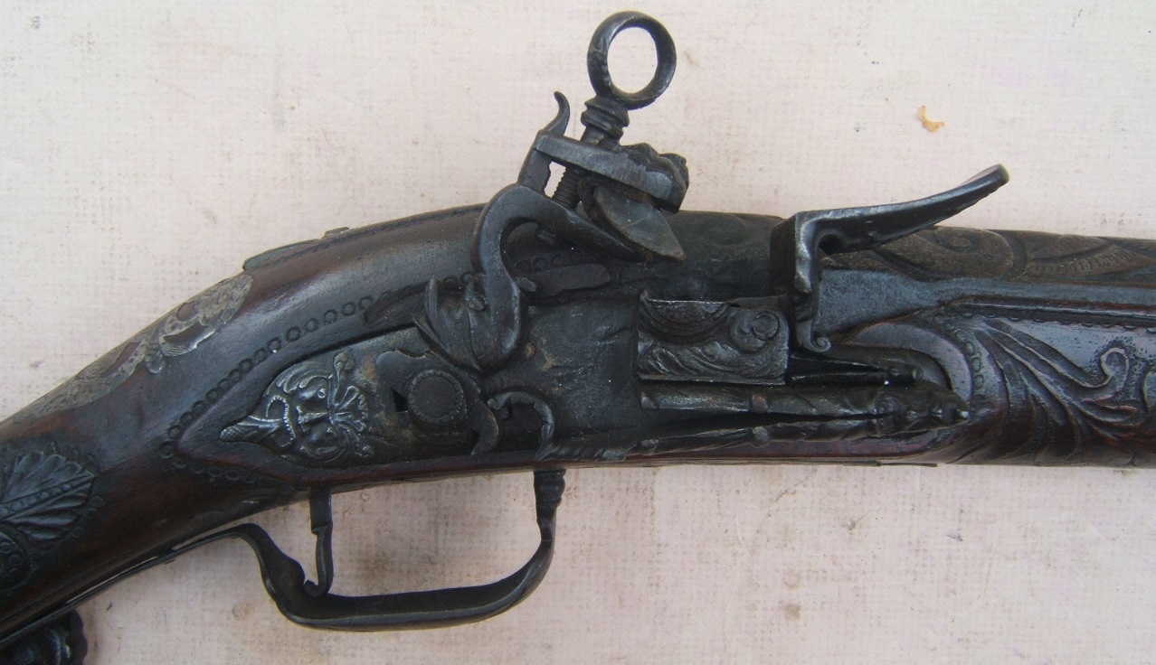 A RARE & UNUSUAL NEAPOLITAN MIQUELET MUSKETOON w/ CARVED STOCK & CHISELED BARREL, by 