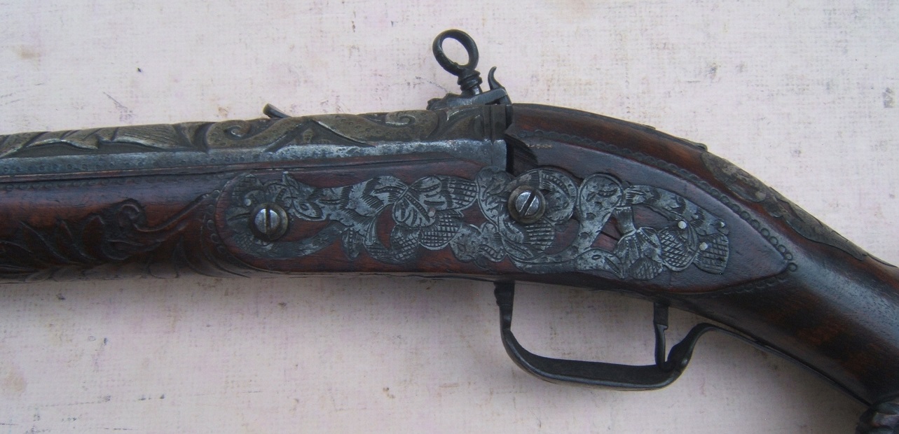 A RARE & UNUSUAL NEAPOLITAN MIQUELET MUSKETOON w/ CARVED STOCK & CHISELED BARREL, by 