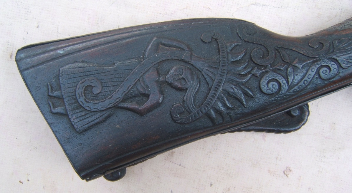 A RARE & UNUSUAL NEAPOLITAN MIQUELET MUSKETOON w/ CARVED STOCK & CHISELED BARREL, by 