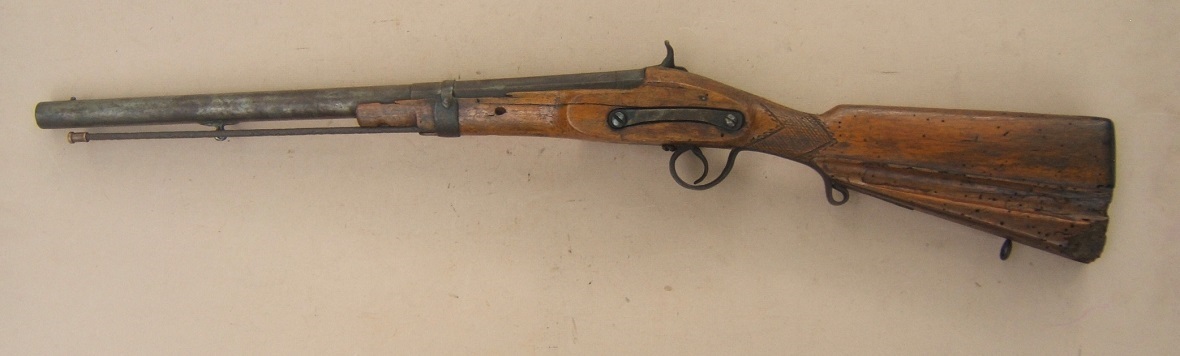 AN UNUSUAL SPANISH/SPANISH-COLONIAL (PERCUSSION-CONVERTED) MIQUELET CAVALRY-TYPE CARBINE (TERCEROLA), ca. 1770/1840 view 2