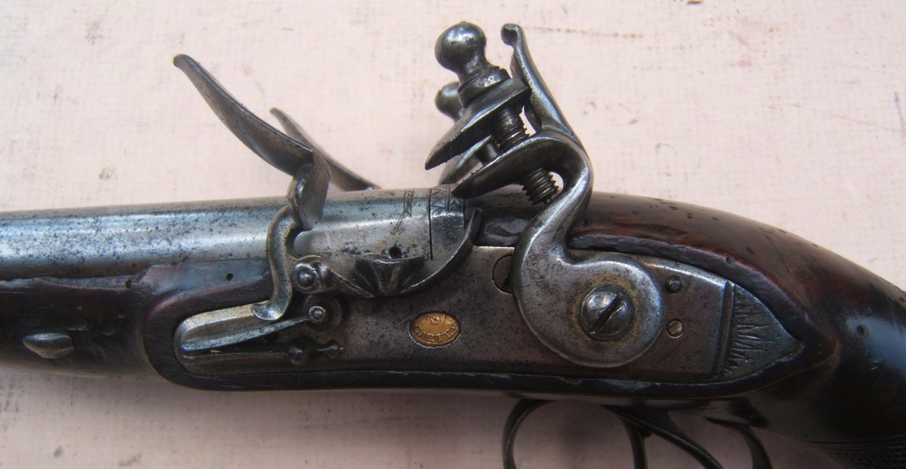 A SCARCE EARLY 19TH CENTURY ENGLISH  DOUBLE BARREL FLINTLOCK CARRIAGE  PISTOL, by 