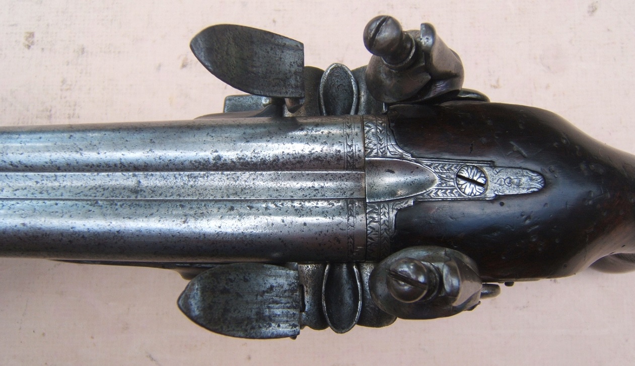 A SCARCE EARLY 19TH CENTURY ENGLISH  DOUBLE BARREL FLINTLOCK CARRIAGE  PISTOL, by 