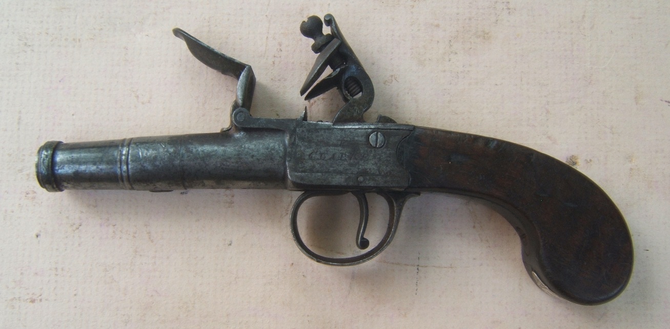 A VERY GOOD AMERICAN REVOLUTIONARY WAR PERIOD ENGLISH FLINTLOCK SCREW-BARREL POCKET PISTOL, by 