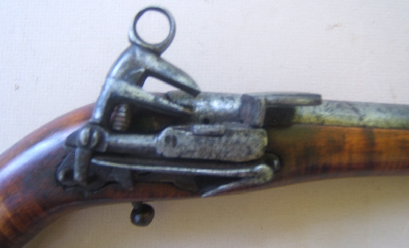 A VERY GOOD COSSACK (RUSSIAN) BURLWOOD STOCK BALL-BUTT MIQUELET HOLSTER PISTOL, ca. 1780-1800 view 3