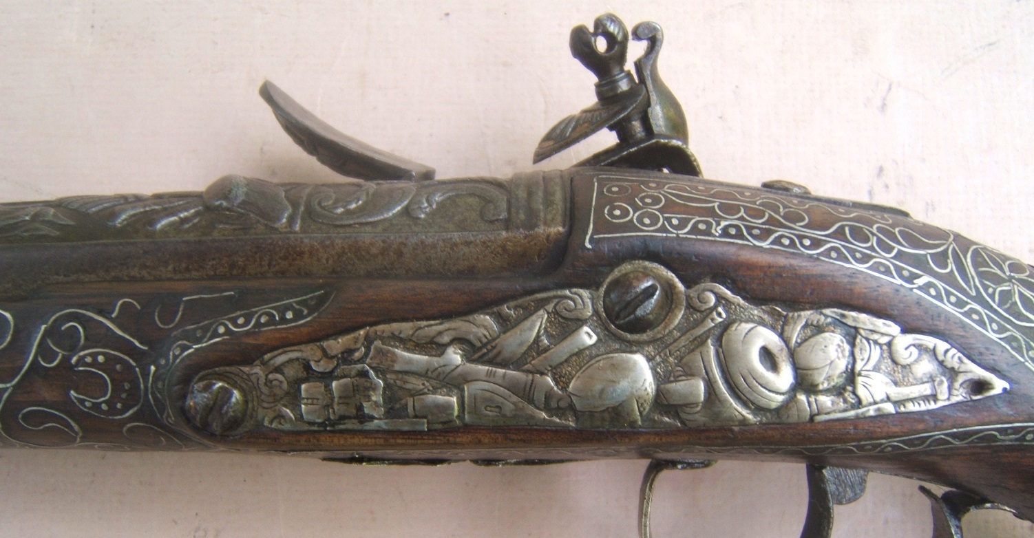 A VERY FINE QUALITY FRENCH SILVER MOUNTED & GOLD DAMASCENED FLINTLOCK HOLSTER PISTOL, by “PEYRTE DUMAREST” (FOR EASTERN/TURKISH MARKET, ca. 1780 view 4