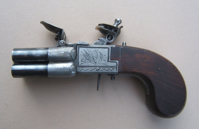 AN EXTREMELY RARE & UNUSUAL FOUR BARREL ENGLISH TAP-ACTION FLINTLOCK PISTOL, ca. 1790 view 2