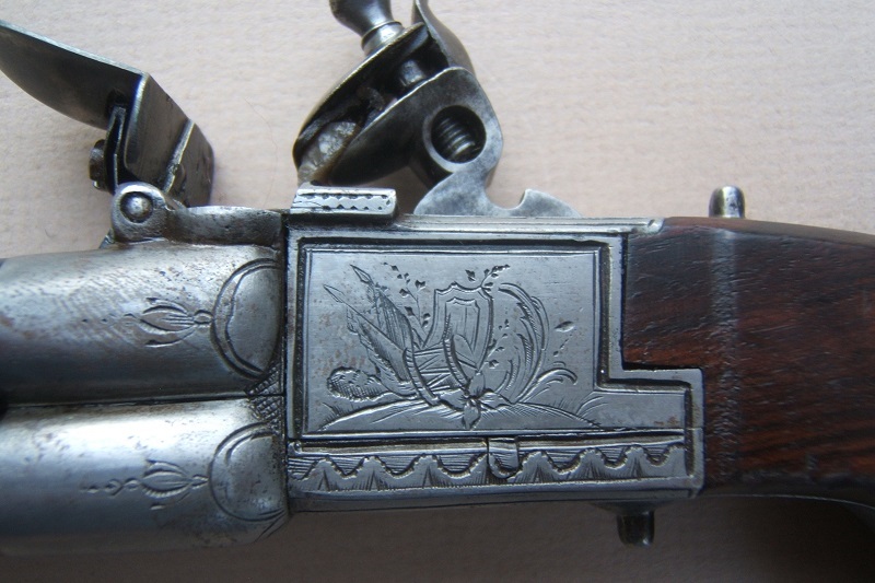AN EXTREMELY RARE & UNUSUAL FOUR BARREL ENGLISH TAP-ACTION FLINTLOCK PISTOL, ca. 1790 view 3