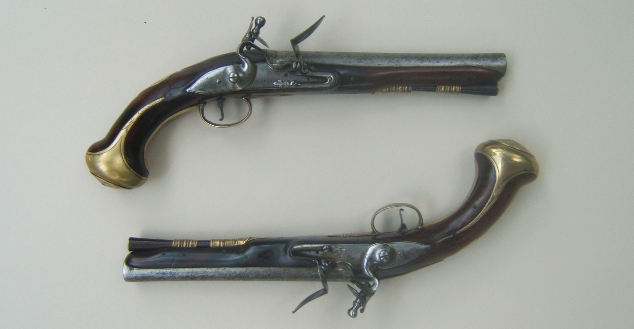 A FINE PAIR OF FRENCH & INDIAN/AMERICAN REVOLUTIONARY WAR PERIOD ENGLISH FLINTLOCK OFFICER'S PISTOLS, by 