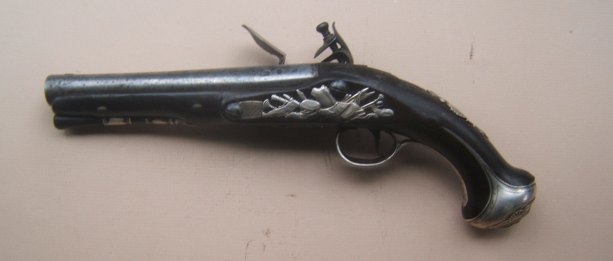 A FINE QUALITY SILVER MOUNTED REVOLUTIONARY WAR PERIOD FLINTLOCK OFFICER'S PISTOL, by “GRIFFIN”, HALLMARKED FOR 1766 view 2