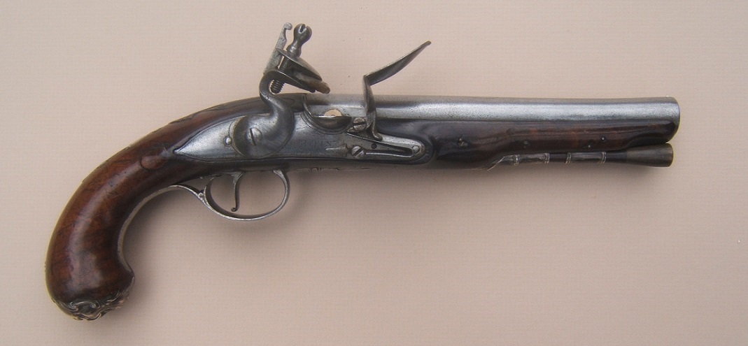 A FINE FRENCH & INDIAN/AMERICAN REVOLUTIONARY WAR PERIOD ENGLISH SILVER MOUNTED FLINTLOCK OFFICER’S PISTOL, BY “GRIFFIN” ca. 1760view 1