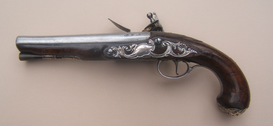 A FINE FRENCH & INDIAN/AMERICAN REVOLUTIONARY WAR PERIOD ENGLISH SILVER MOUNTED FLINTLOCK OFFICER’S PISTOL, BY “GRIFFIN” ca. 1760 view 2