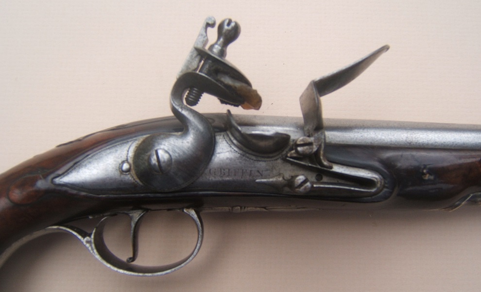 A FINE FRENCH & INDIAN/AMERICAN REVOLUTIONARY WAR PERIOD ENGLISH SILVER MOUNTED FLINTLOCK OFFICER’S PISTOL, BY “GRIFFIN” ca. 1760 view 3