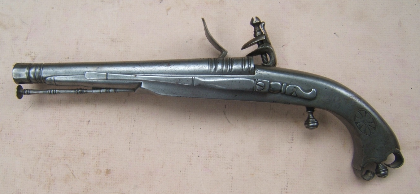 A VERY FINE & RARE AMERICAN REVOLUTIONARY WAR PERIOD ROYAL HIGHLAND REGIMENTALLY MARKED REGULATION-PATTERN �SCOTTISH� HIGHLAND ALL-STEEL FLINTLOCK OFFICER'S-GRADE BELT PISTOL, of 