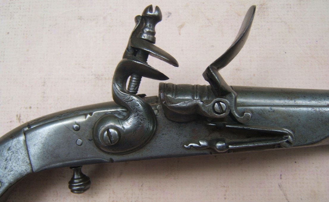 A VERY FINE & RARE AMERICAN REVOLUTIONARY WAR PERIOD ROYAL HIGHLAND REGIMENTALLY MARKED REGULATION-PATTERN �SCOTTISH� HIGHLAND ALL-STEEL FLINTLOCK OFFICER'S-GRADE BELT PISTOL, of 