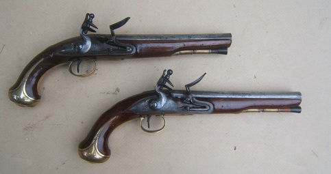 AN EXCEPTIONALLY FINE PAIR OF AMERICAN REVOLUTIONARY WAR PERIOD ENGLISH FLINTLOCK HOLSTER PISTOLS, BY JOVER, ca. 1770sview 1