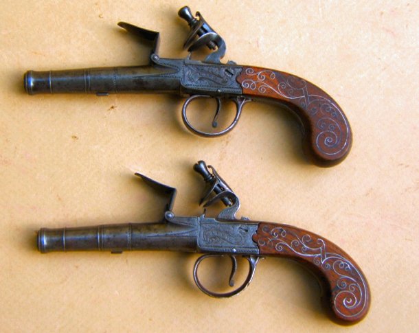 A FINE PAIR OF REVOLUTIONARY WAR PERIOD SILVER-WIRE-INLAY ENGLISH FLINTLOCK TURN-OFF HAND-WARMER (MUFF)/TRAVELLING PISTOLS, ca. 1775 view 2