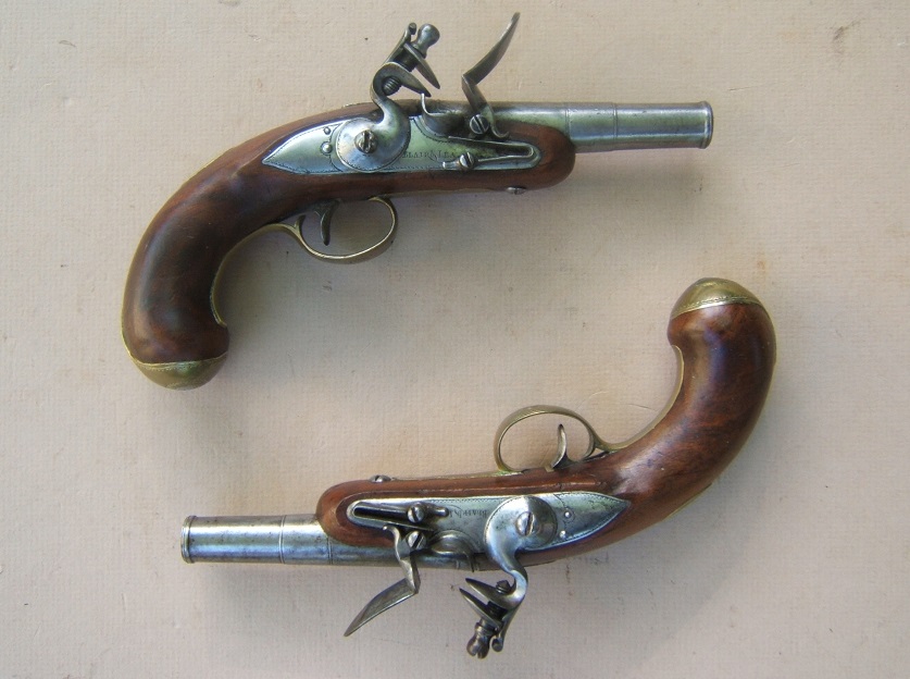 A VERY FINE PAIR OF LADY’S/ADOLESCENT-SIZE BRASS MOUNTED “QUEEN ANN” TRAVELLING PISTOLS, by “BLAIR & LEA”, ca. 1780s view 1