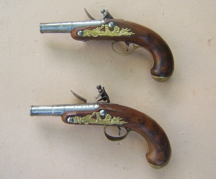 A VERY FINE PAIR OF LADYS/ADOLESCENT-SIZE BRASS MOUNTED QUEEN ANN TRAVELLING PISTOLS, by BLAIR & LEA, ca. 1780s view 2