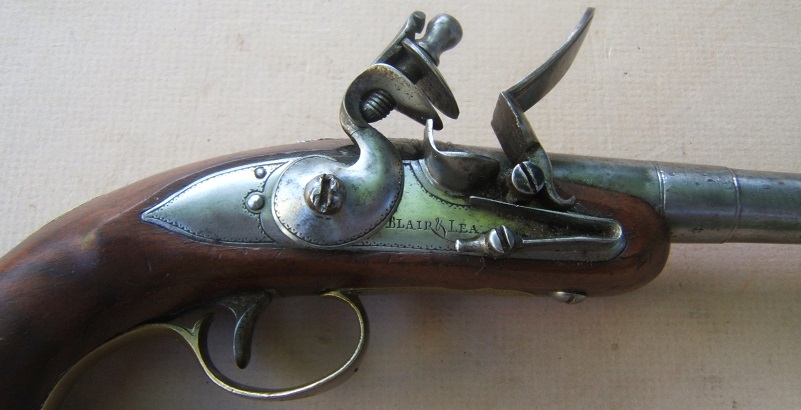A VERY FINE PAIR OF LADY’S/ADOLESCENT-SIZE BRASS MOUNTED “QUEEN ANN” TRAVELLING PISTOLS, by “BLAIR & LEA”, ca. 1780s view 3