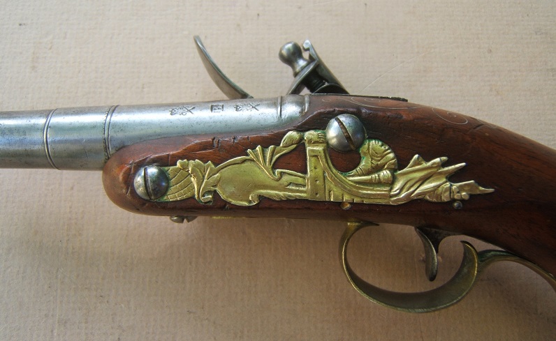 A VERY FINE PAIR OF LADY’S/ADOLESCENT-SIZE BRASS MOUNTED “QUEEN ANN” TRAVELLING PISTOLS, by “BLAIR & LEA”, ca. 1780s view 4