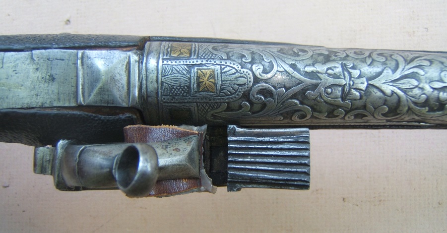 AN EXCELLENT COSSACK (RUSSIAN) BLACK LEATHER-COVERED STOCK IVORY BALL-BUTT MIQUELET HOLSTER PISTOL, ca. 1780-1800 view 5