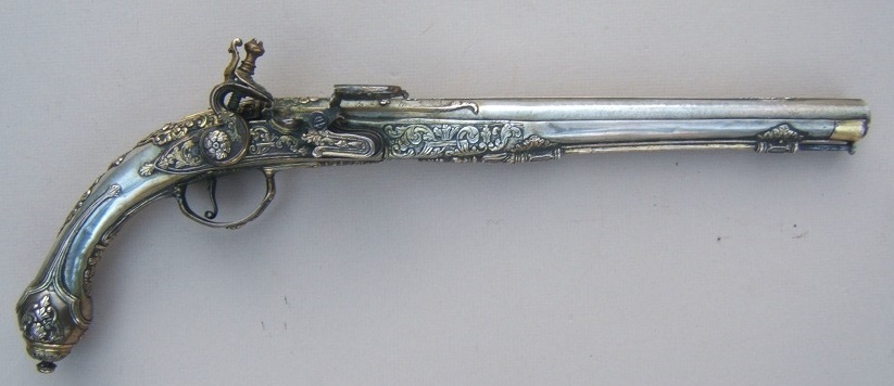 A VERY RARE & EXPEPTIONAL QUALITY EASTERN EUROPEAN/RUSSIAN SOLID SILVER STOCK FLINTLOCK HOLSTER PISTOL, ca. 1780view 1