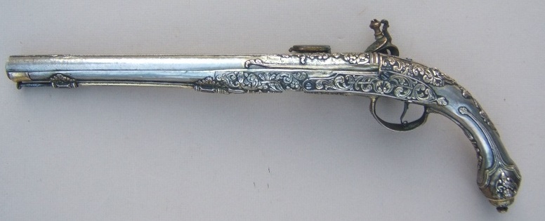 A VERY RARE & EXPEPTIONAL QUALITY EASTERN EUROPEAN/RUSSIAN SOLID SILVER STOCK FLINTLOCK HOLSTER PISTOL, ca. 1780 view 2