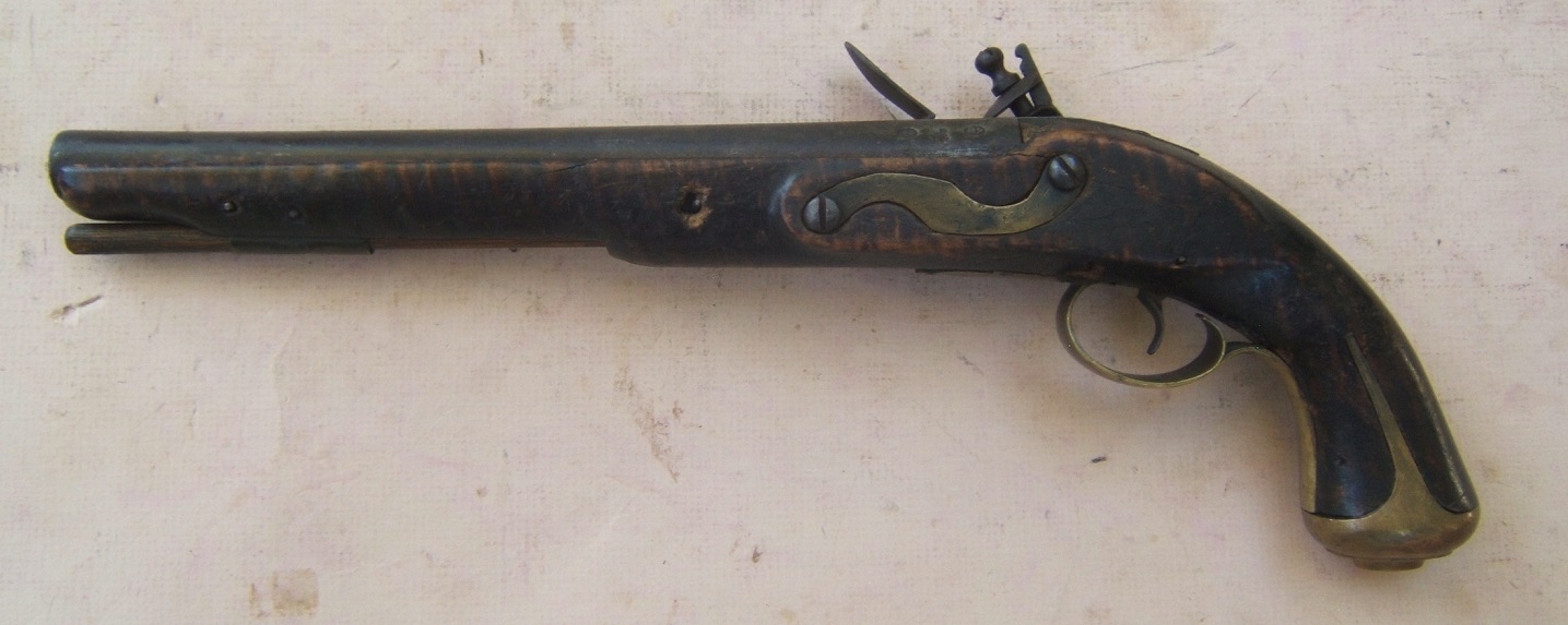 A VERY RARE COLONIAL/AMERICAN REVOLUTIONARY WAR PERIOD AMERICAN FLINTLOCK OFFICER�S PISTOL w/ TIGER MAPLE STOCK, ca. 1770 view 2