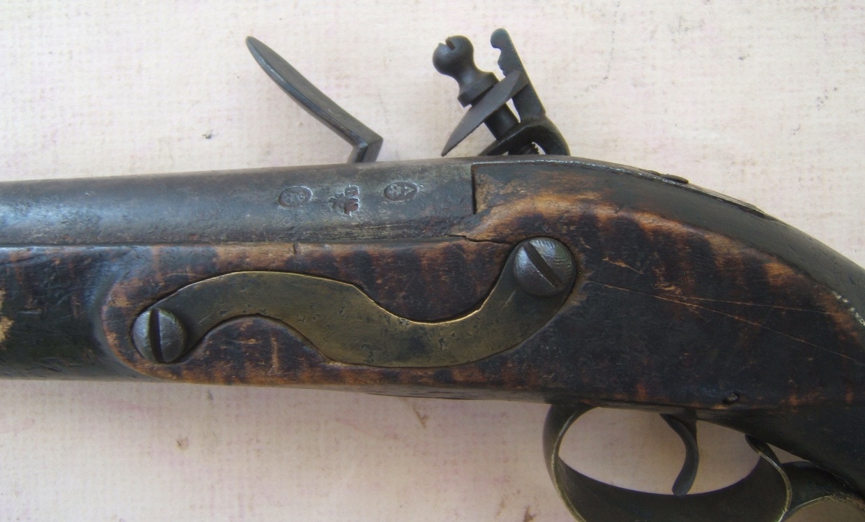 A VERY RARE COLONIAL/AMERICAN REVOLUTIONARY WAR PERIOD AMERICAN FLINTLOCK OFFICER�S PISTOL w/ TIGER MAPLE STOCK, ca. 1770 view 4