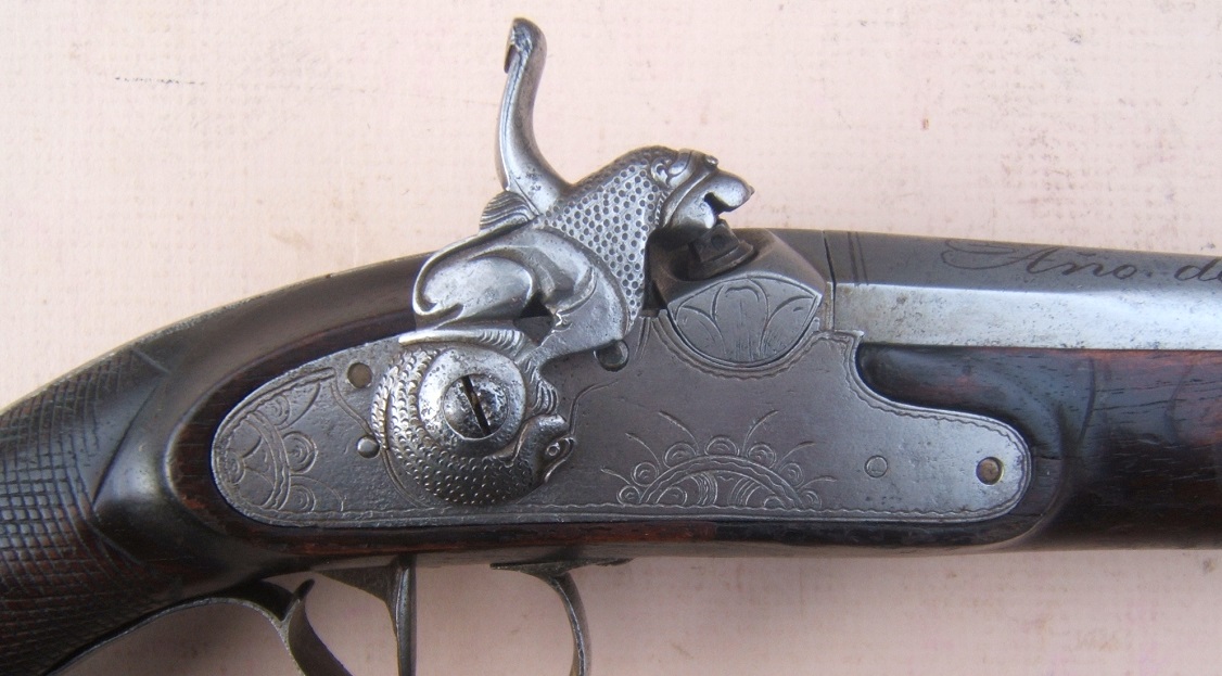 A VERY FINE & RARE PAIR OF SPANISH (RIPOLL-MADE) PERCUSSION OFFICER'S BELT-PISTOLS w/ FINELY CHISELED LOCKS, by HERRADURAS POR 