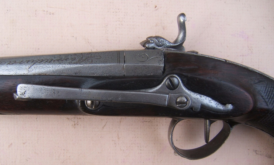 A VERY FINE & RARE PAIR OF SPANISH (RIPOLL-MADE) PERCUSSION OFFICER'S BELT-PISTOLS w/ FINELY CHISELED LOCKS, by HERRADURAS POR 