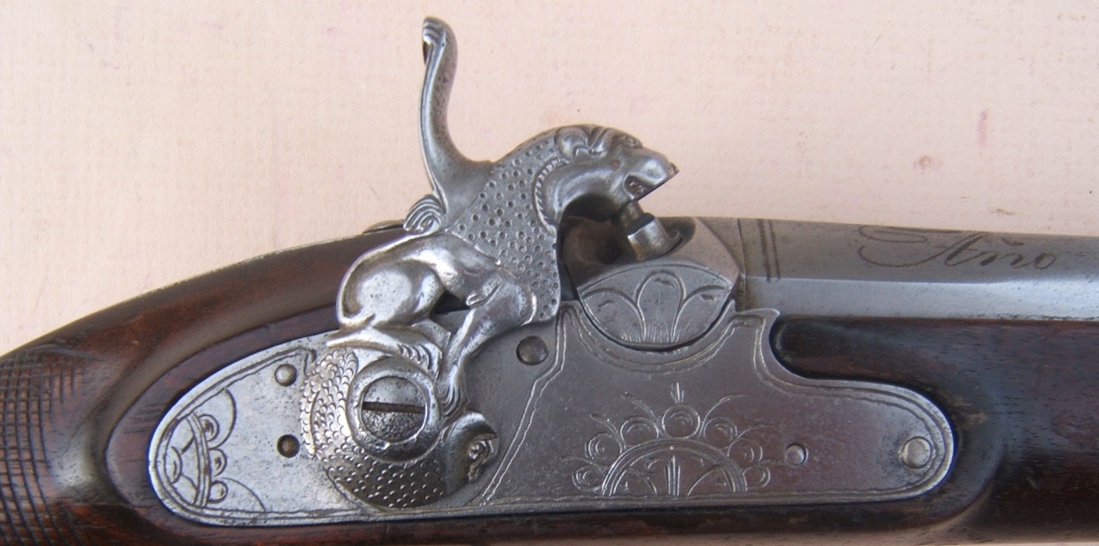 A VERY FINE & RARE PAIR OF SPANISH (RIPOLL-MADE) PERCUSSION OFFICER'S BELT-PISTOLS w/ FINELY CHISELED LOCKS, by HERRADURAS POR 