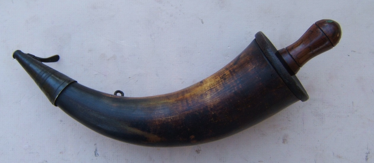 A RARE AMERICAN REVOLUTIONARY WAR PERIOD POWDER HORN w/ NICELY TURNED BASE & BRASS & IRON MOUNTED SPRING CUT-OFF, ca. 1770 view 2
