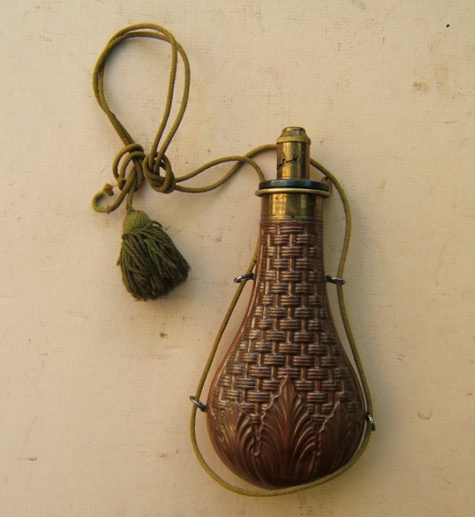 A FINE+ Mid-19th CENTURY ENGLISH EMBOSSED COPPER POWDER FLASK, by 