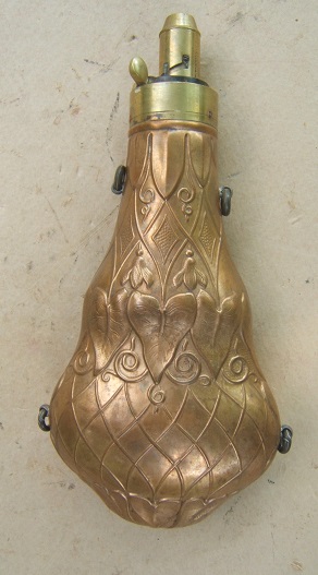 A FINE Mid-19th CENTURY ENGLISH EMBOSSED COPPER POWDER FLASK, ca. 1850 view 1