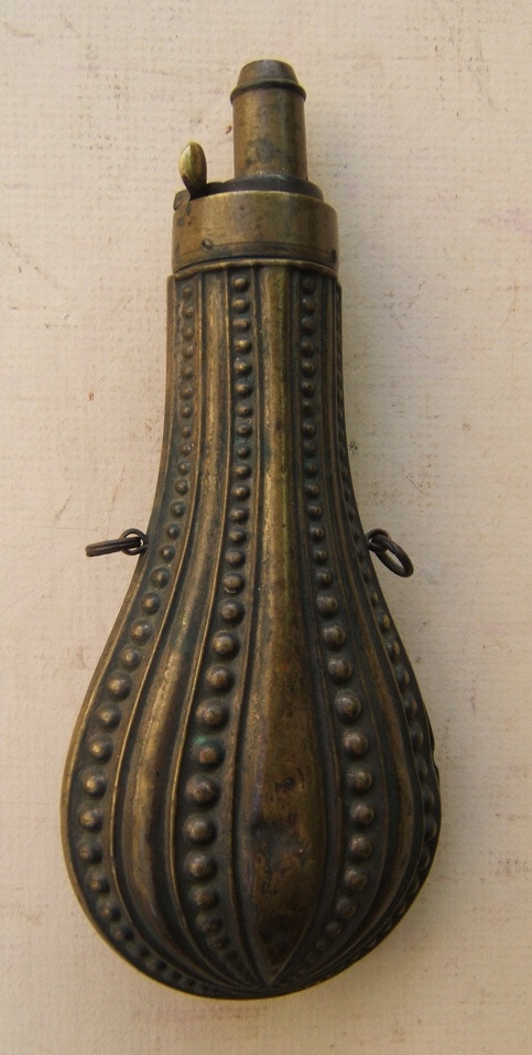A VERY GOOD Mid-19th CENTURY EMBOSSED COPPER-ALLOY/BRASS POWDER FLASK, ca. 1850 view 2