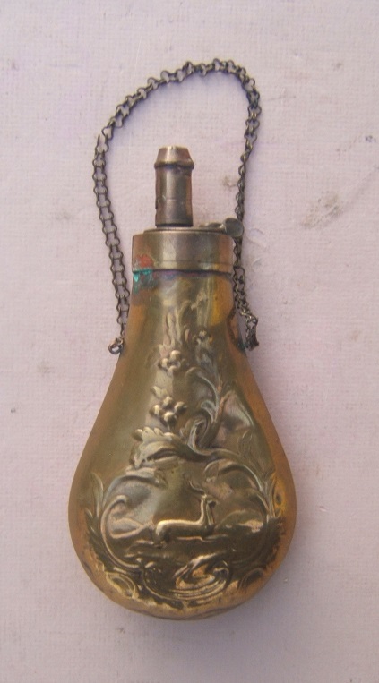 A VERY GOOD EMBOSSED MID-19TH CENTURY BRASS POWDER FLASK, ca. 1860  view 2