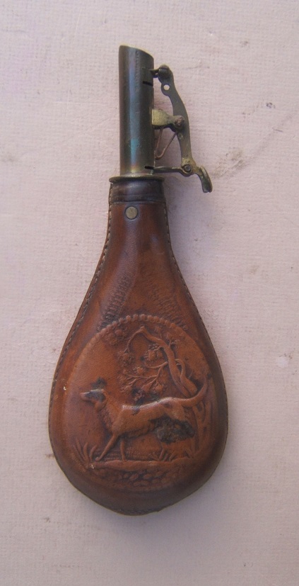 A VERY GOOD AMERICAN CIVIL WAR PERIOD MID-19TH CENTURY LEATHER SHOT FLASK w/ EMBOSSED DOG, ca. 1850 view 1