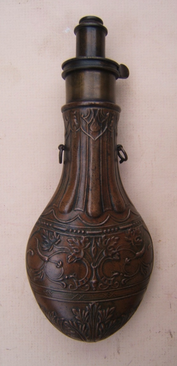 A FINE MID 19TH CENTURY EMBOSSED ENGLISH COPPER POWDER FLASK, ca. 1850s view 2
