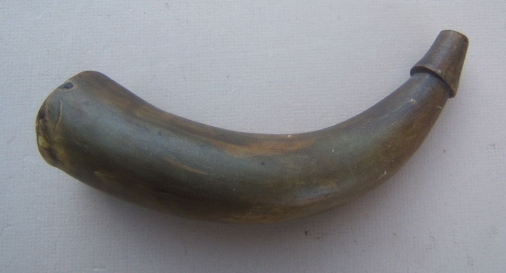  A VERY GOOD REVOLUTIONARY WAR PERIOD AMERICAN PRIMING HORN w/ OWNER-“IA” INSCRIBED WOODEN BASE, ca. 1770 view 2