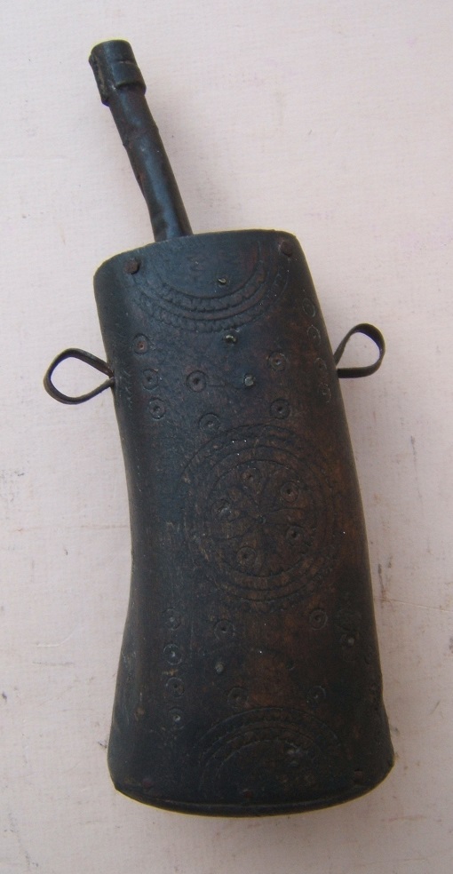A GOOD NORTH AFRICAN (MOROCCAN/TUNISIAN)IRON MOUNTED WOODEN POWDER FLASK FOR A KABYLE, ca. 1810-1850 view 1