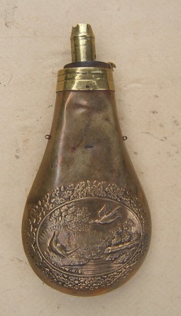 A GOOD+ AMERICAN EMBOSSED BRASS POWDER FLASK, ca. 1850s view 1